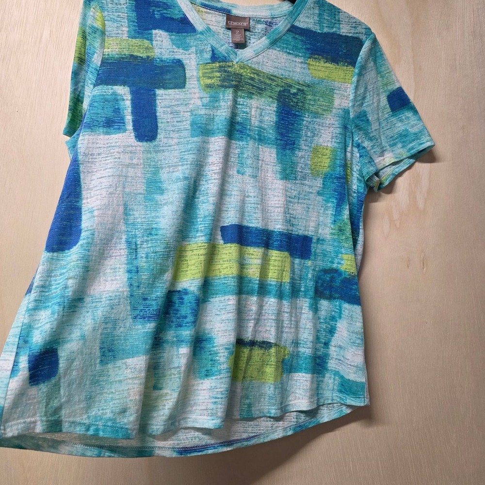 Chico's Abstract Brushstroke V-Neck Top Teal Blue Green Cotton Blend Size 2 L - Picture 3 of 10
